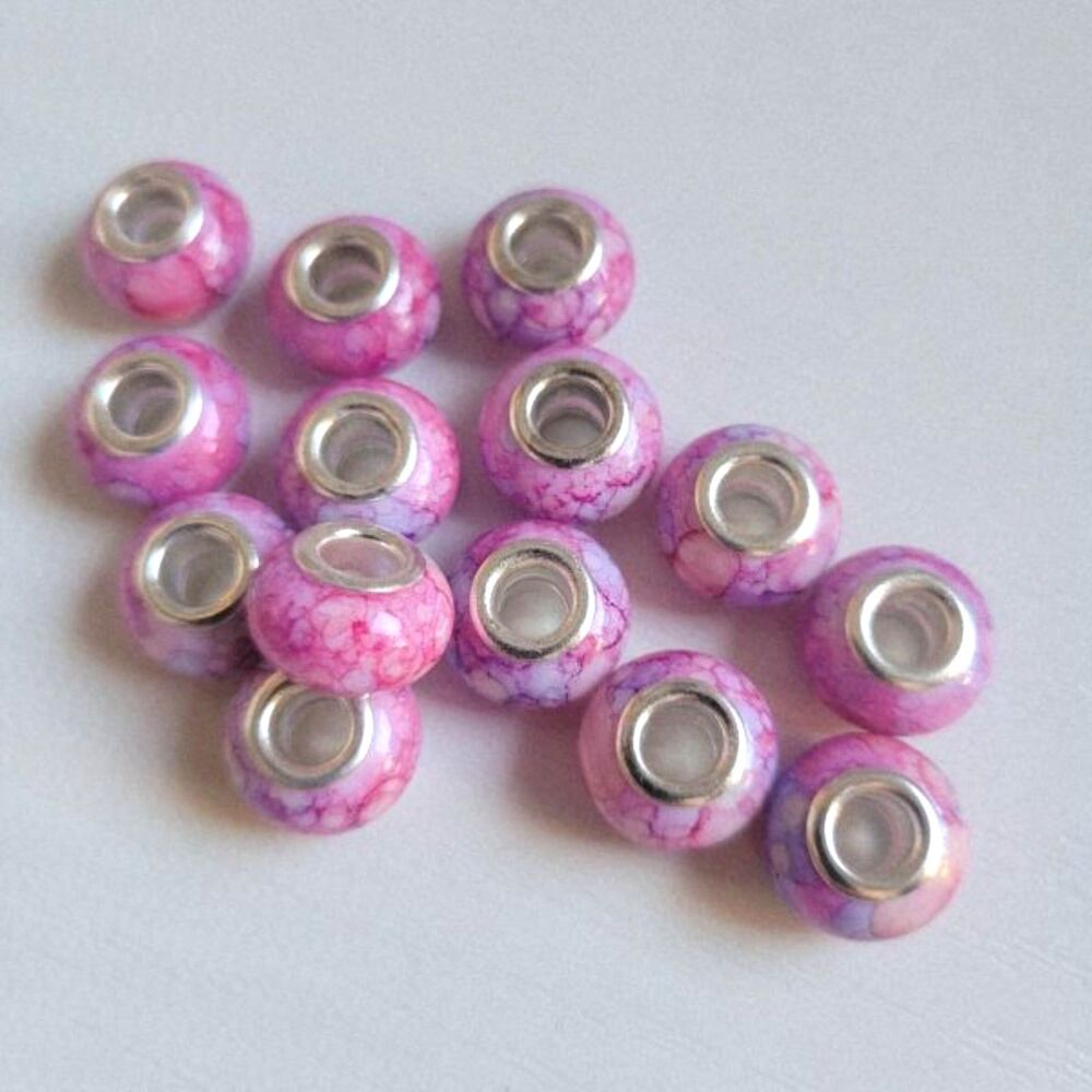 NWT 16 Hot Pink Silver Watercolor Large Hole European Charm Beads Jewelry Making